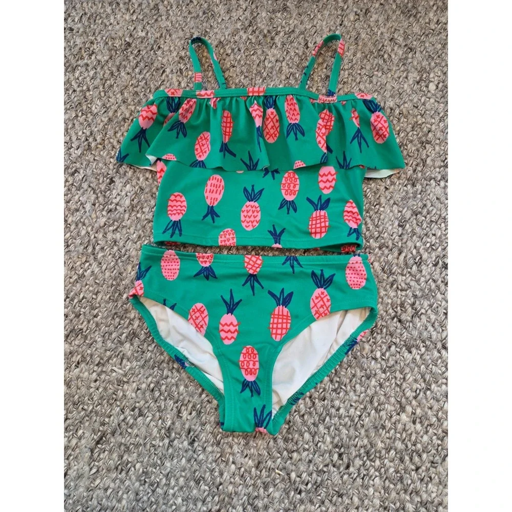 Hanna Andersson Green Pineapple Fruit 2 Piece Swimsuit Ruffled Girls 140 US 10